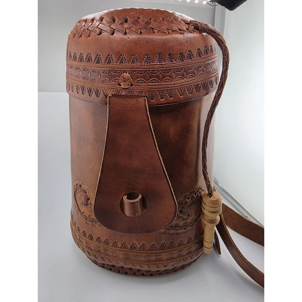 Vintage handcrafted Cowhide Leather Crossbody Bag Boho Tooled Cylinder Design - Picture 2 of 9